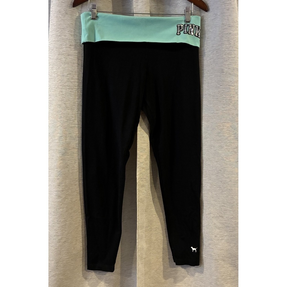 VS Victorias Secret PINK Fold Over Yoga Leggings Light Blue Band Bling Logo L